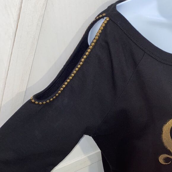 Guess Studded Cold Shoulder Logo Sweatshirt In Black & Gold Size Medium - Picture 5 of 11